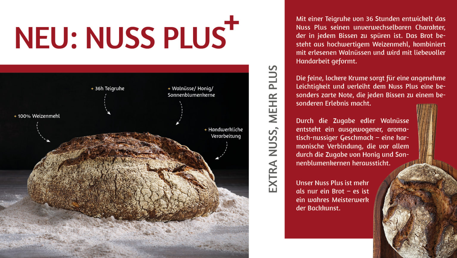 Grafik von neuem Nuss Plus Angebot mit frischen Nussbrot und den Vorteilen: 100% Weizenmehl, 36h Teigruhe, Walnüsse / Honig / Sonnenblumenkerne, Handwerkliche Verarbeitung